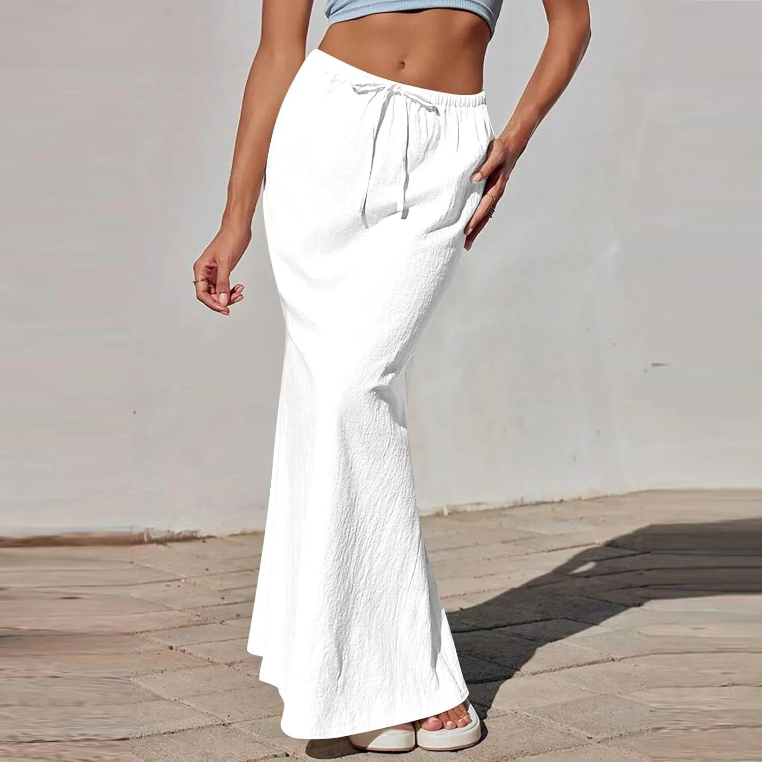 Maxi Skirts for Women Trendy Summer Boho Low Rise Drawstring Cotton Linen Skirts Casual Cute Flowy Long Fishtail Skirt