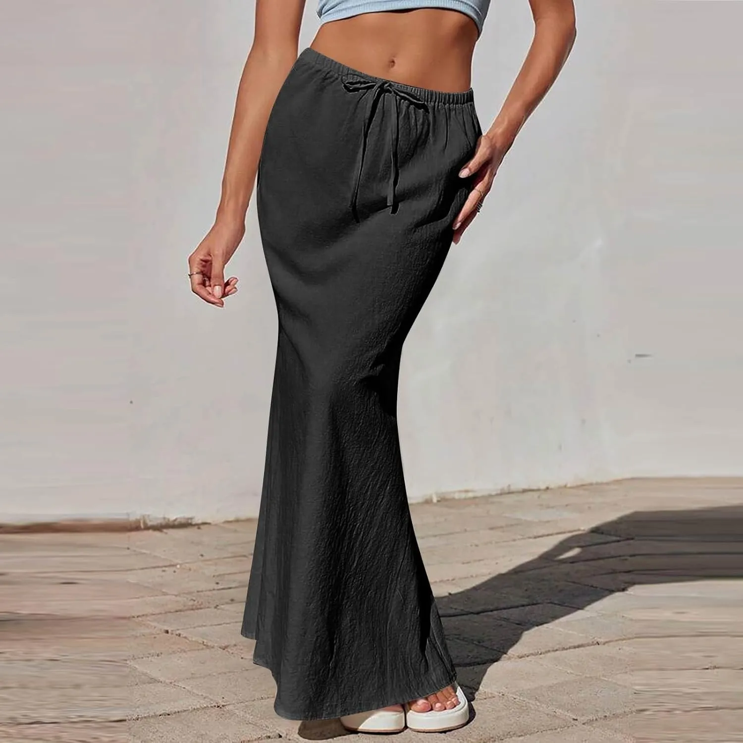 Maxi Skirts for Women Trendy Summer Boho Low Rise Drawstring Cotton Linen Skirts Casual Cute Flowy Long Fishtail Skirt