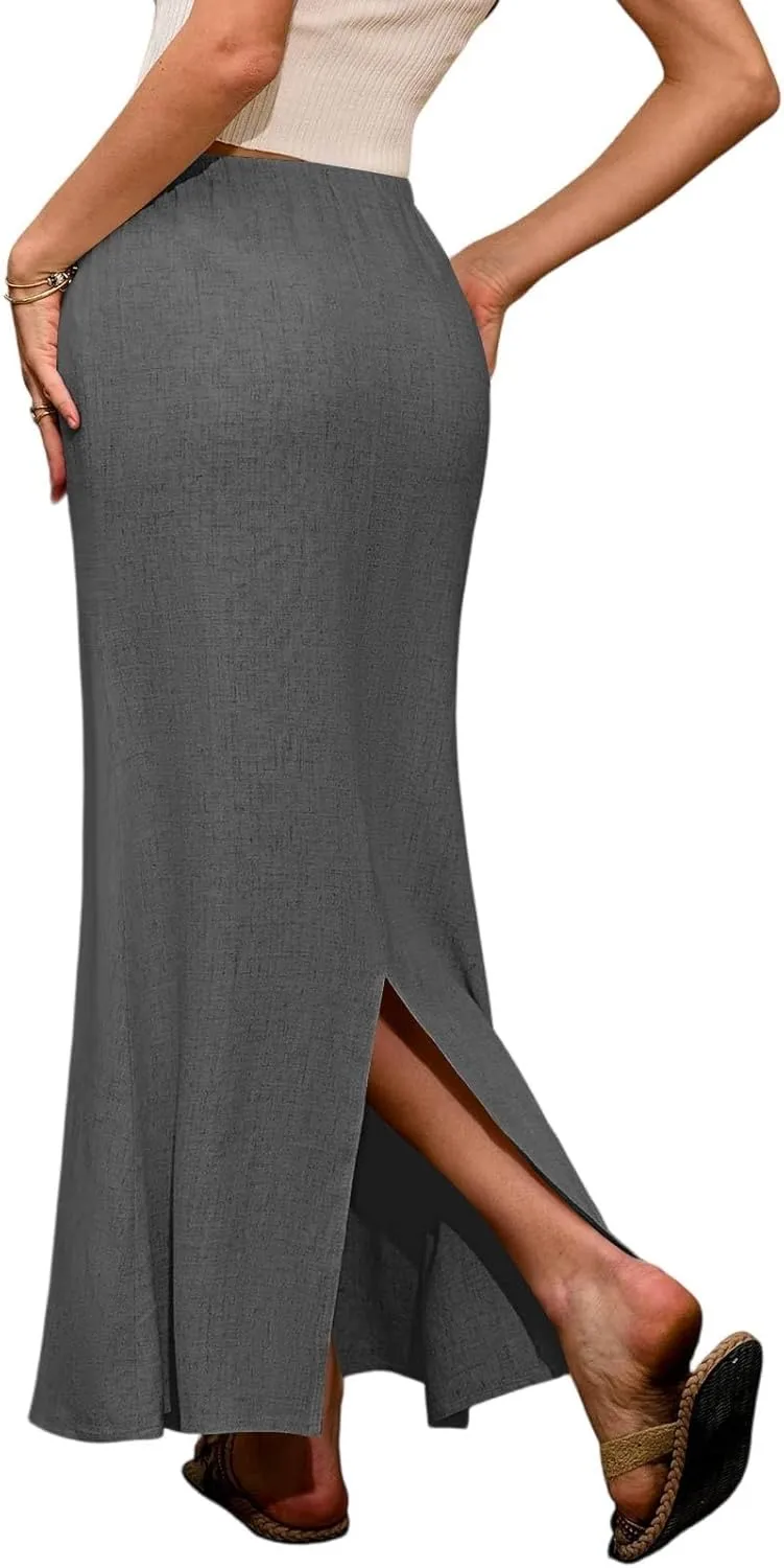 Maxi Skirts for Women Trendy Summer Boho Low Rise Drawstring Cotton Linen Skirts Casual Cute Flowy Long Fishtail Skirt