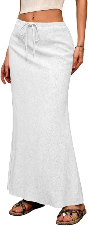 Maxi Skirts for Women Trendy Summer Boho Low Rise Drawstring Cotton Linen Skirts Casual Cute Flowy Long Fishtail Skirt