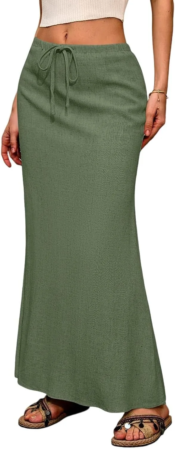 Maxi Skirts for Women Trendy Summer Boho Low Rise Drawstring Cotton Linen Skirts Casual Cute Flowy Long Fishtail Skirt