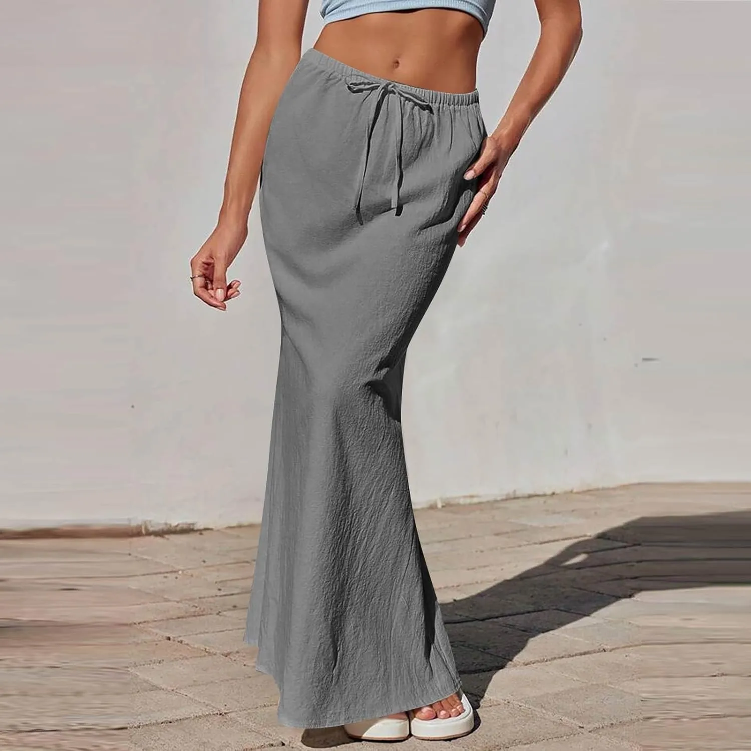 Maxi Skirts for Women Trendy Summer Boho Low Rise Drawstring Cotton Linen Skirts Casual Cute Flowy Long Fishtail Skirt