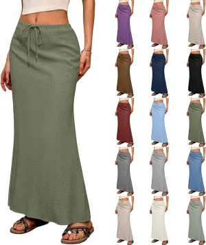 Maxi Skirts for Women Trendy Summer Boho Low Rise Drawstring Cotton Linen Skirts Casual Cute Flowy Long Fishtail Skirt
