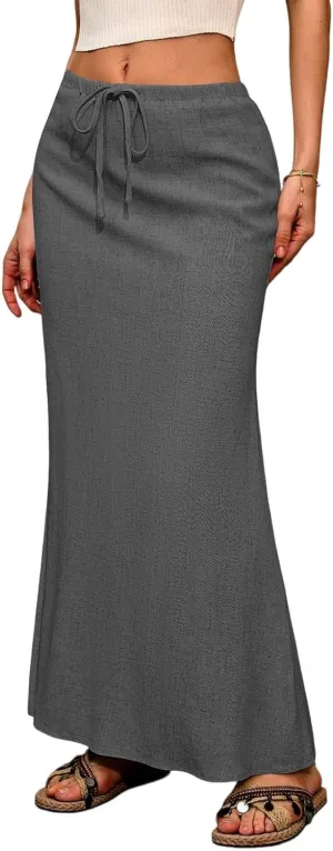 Maxi Skirts for Women Trendy Summer Boho Low Rise Drawstring Cotton Linen Skirts Casual Cute Flowy Long Fishtail Skirt
