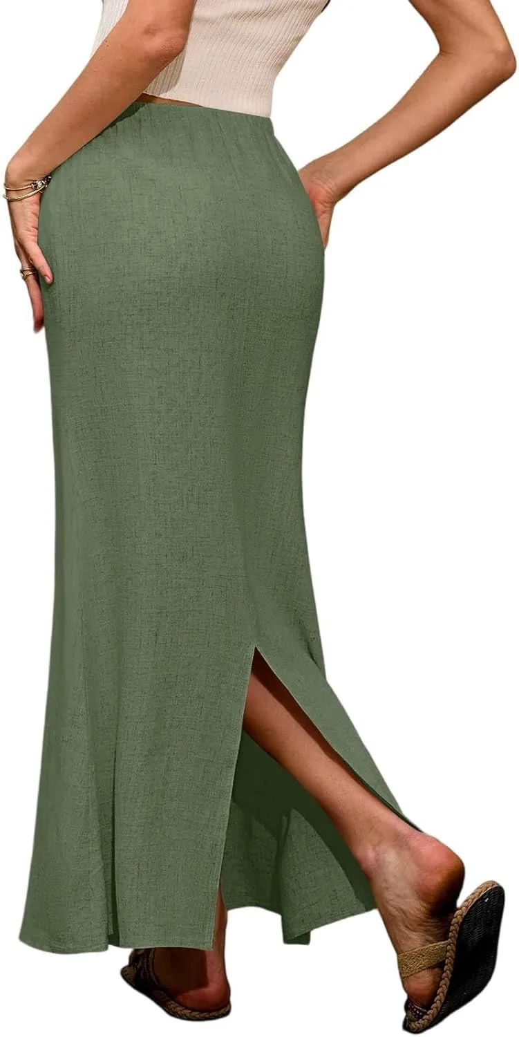 Maxi Skirts for Women Trendy Summer Boho Low Rise Drawstring Cotton Linen Skirts Casual Cute Flowy Long Fishtail Skirt