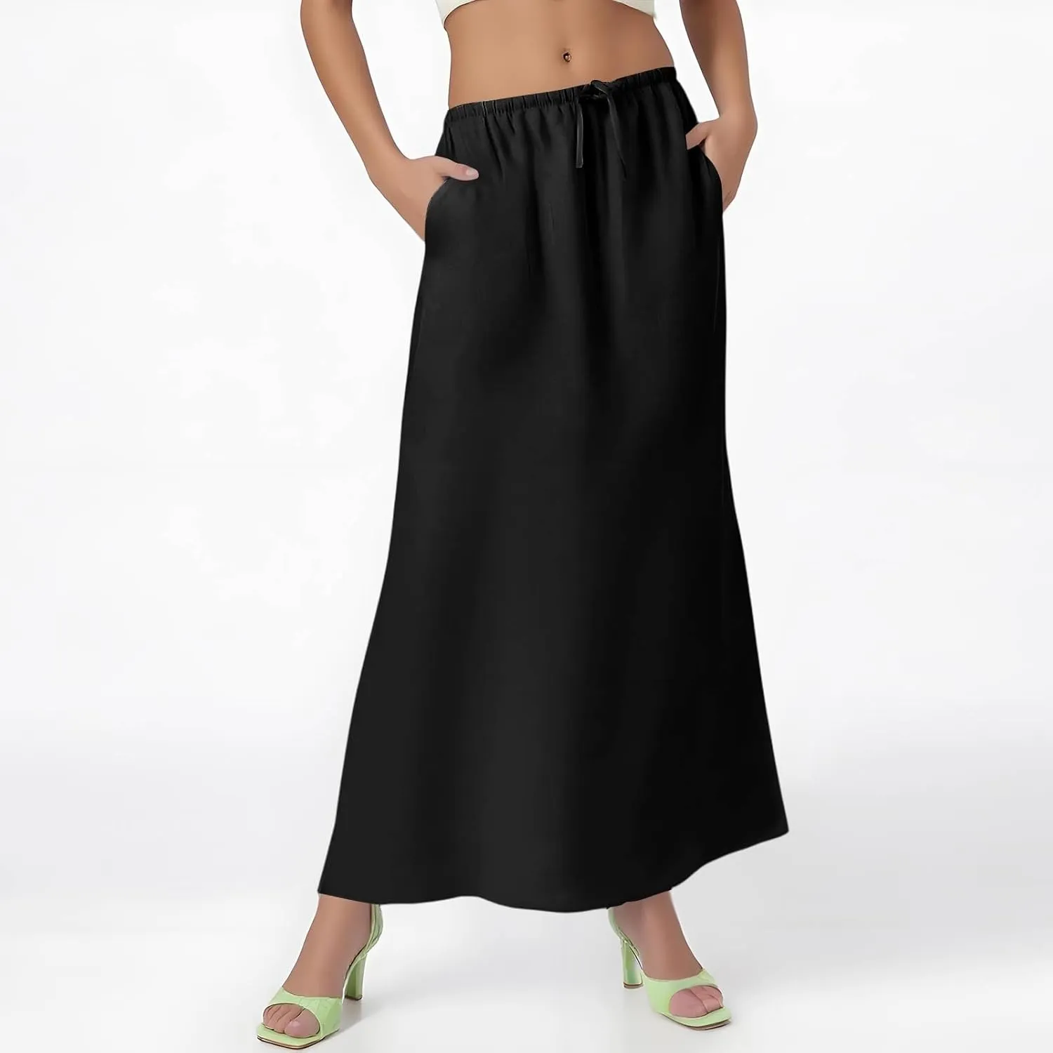 Maxi Skirts for Women Trendy Summer Boho Low Rise Drawstring Cotton Linen Skirts Casual Cute Flowy Long Fishtail Skirt