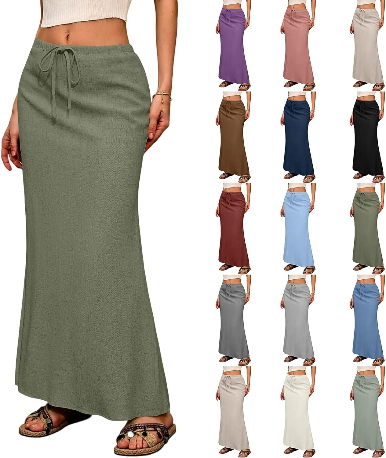 Maxi Skirts for Women Trendy Summer Boho Low Rise Drawstring Cotton Linen Skirts Casual Cute Flowy Long Fishtail Skirt