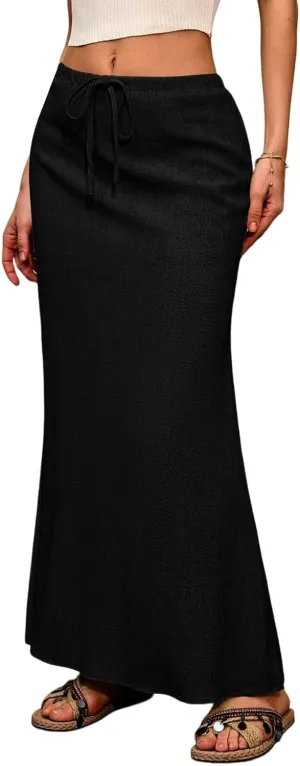 Maxi Skirts for Women Trendy Summer Boho Low Rise Drawstring Cotton Linen Skirts Casual Cute Flowy Long Fishtail Skirt