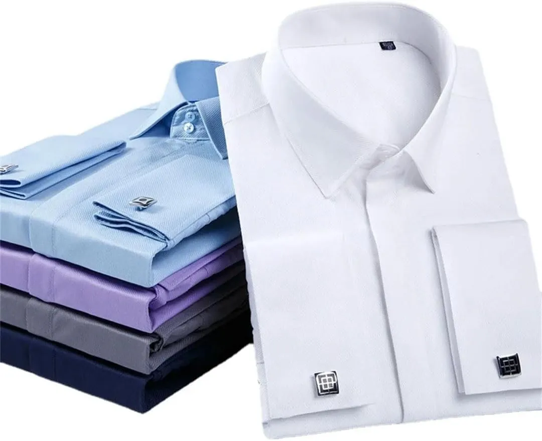 Men French Cufflinks Shirt Long Sleeve Casual Male Shirts Solid Color Slim Fit Cuff Dress Shirts
