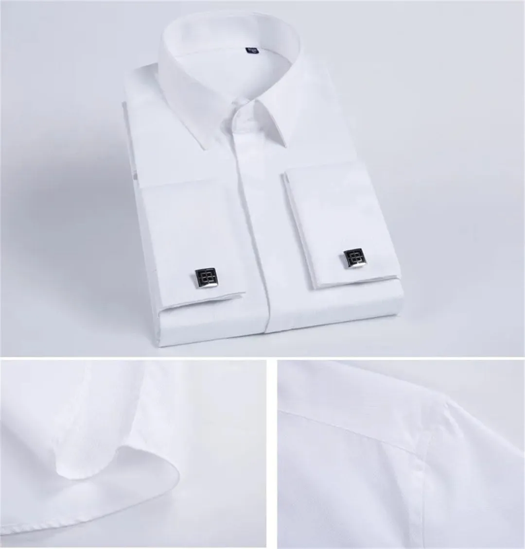 Men French Cufflinks Shirt Long Sleeve Casual Male Shirts Solid Color Slim Fit Cuff Dress Shirts