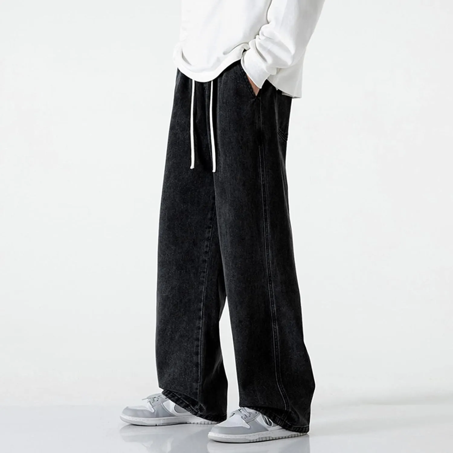 Mens Baggy Jeans Loose Fit Wide Leg Drawstring Denim Pants Summer Loose Casual Straight Legs Jeans Hip Hop Trousers