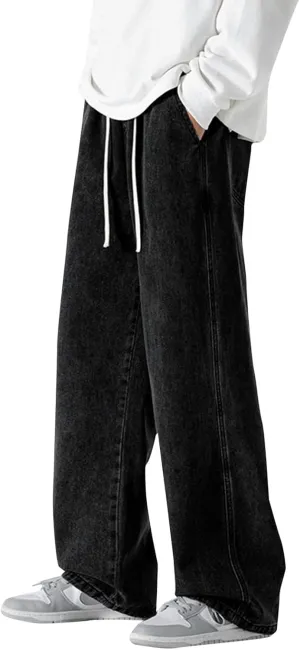 Mens Baggy Jeans Loose Fit Wide Leg Drawstring Denim Pants Summer Loose Casual Straight Legs Jeans Hip Hop Trousers
