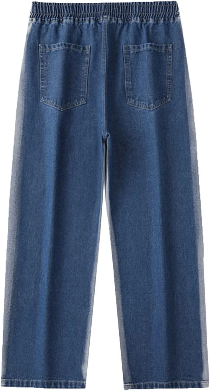 Mens Baggy Jeans Washed Distressed Drawstring Denim Pants Summer Loose Casual Straight Legs Jeans Hip Hop Trousers