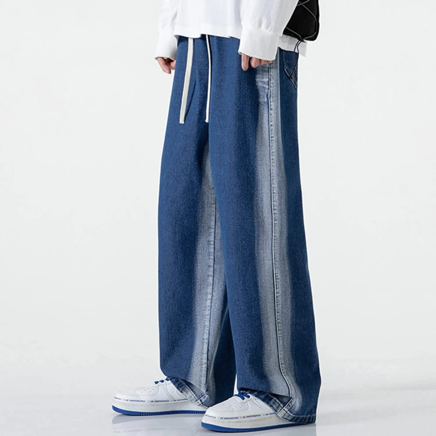 Mens Baggy Jeans Washed Distressed Drawstring Denim Pants Summer Loose Casual Straight Legs Jeans Hip Hop Trousers