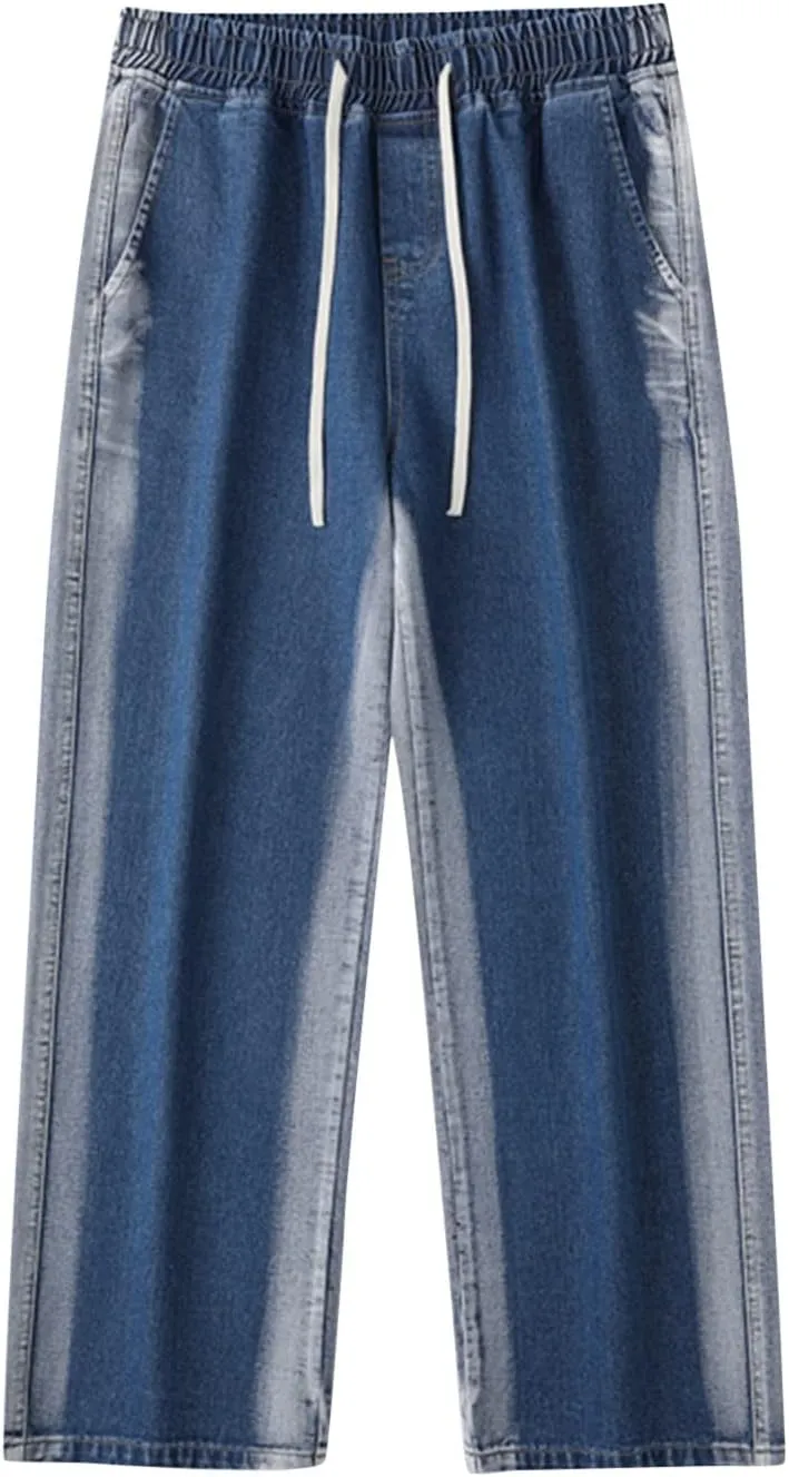 Mens Baggy Jeans Washed Distressed Drawstring Denim Pants Summer Loose Casual Straight Legs Jeans Hip Hop Trousers