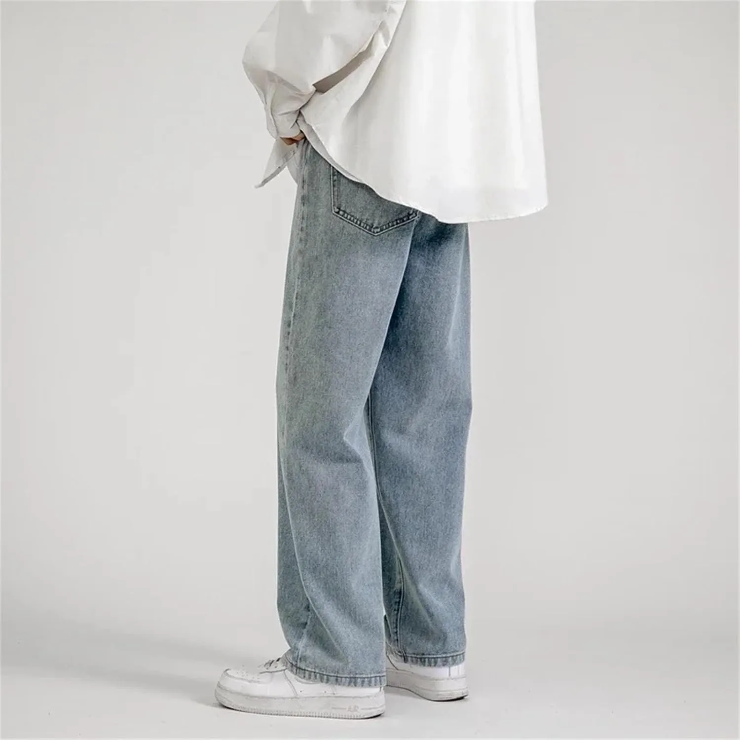 Men's Baggy Wide-Leg Jeans Classic All-Match Solid Color Straight-Leg Denim with Pockets