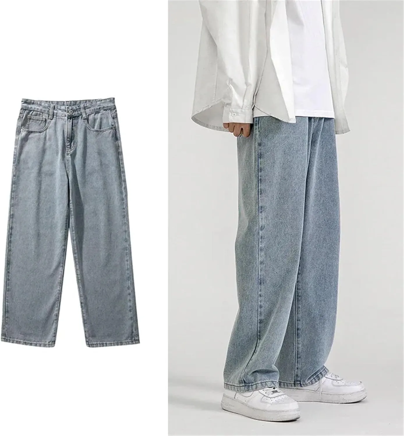 Men's Baggy Wide-Leg Jeans Classic All-Match Solid Color Straight-Leg Denim with Pockets