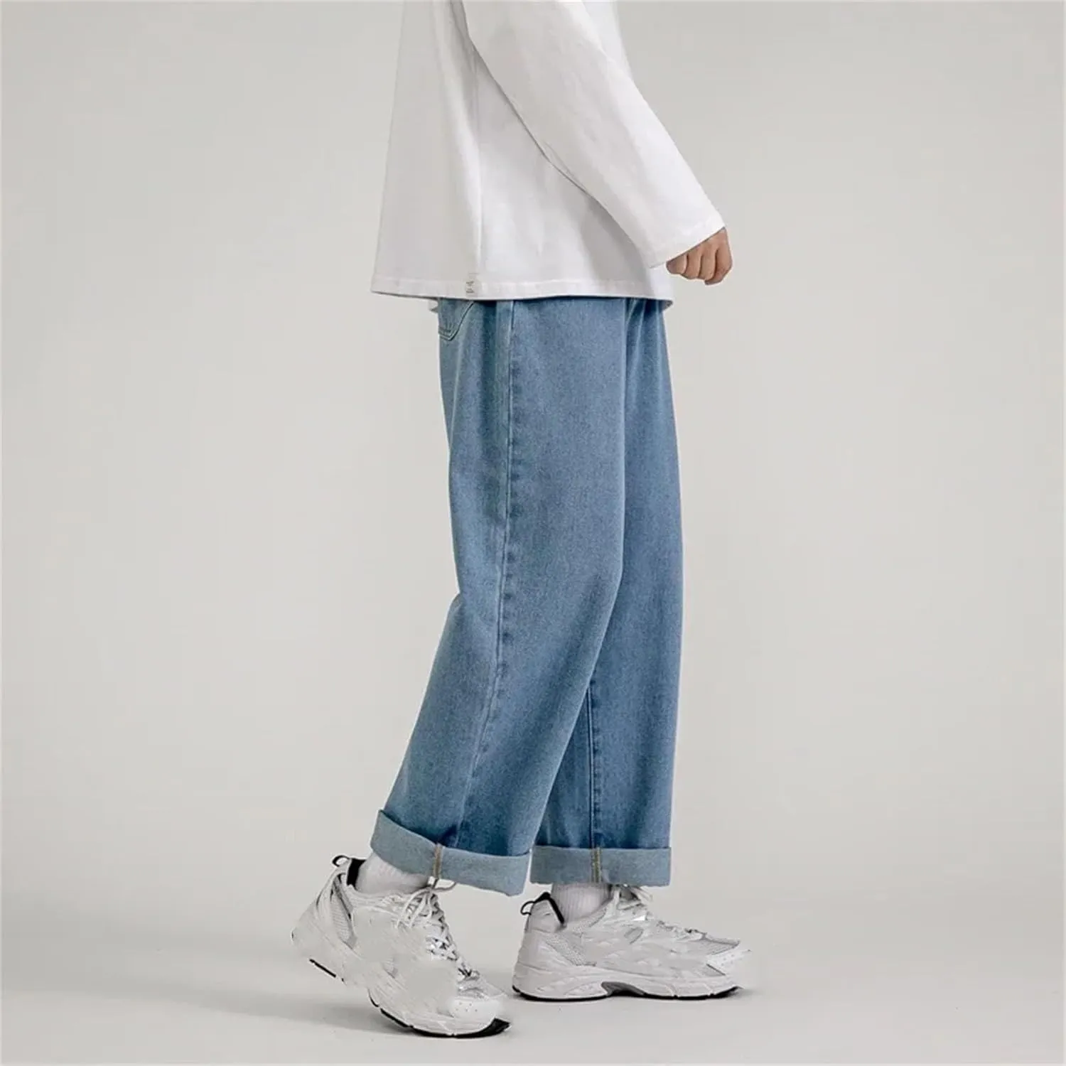 Men's Baggy Wide-Leg Jeans Classic All-Match Solid Color Straight-Leg Denim with Pockets