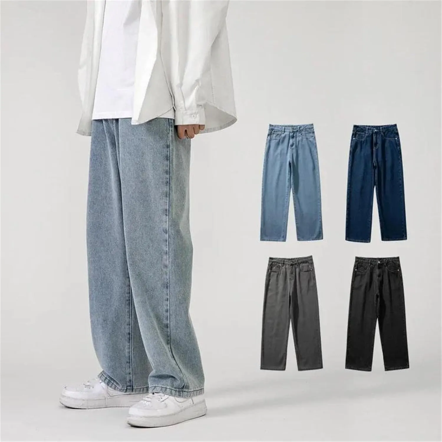 Men's Baggy Wide-Leg Jeans Classic All-Match Solid Color Straight-Leg Denim with Pockets