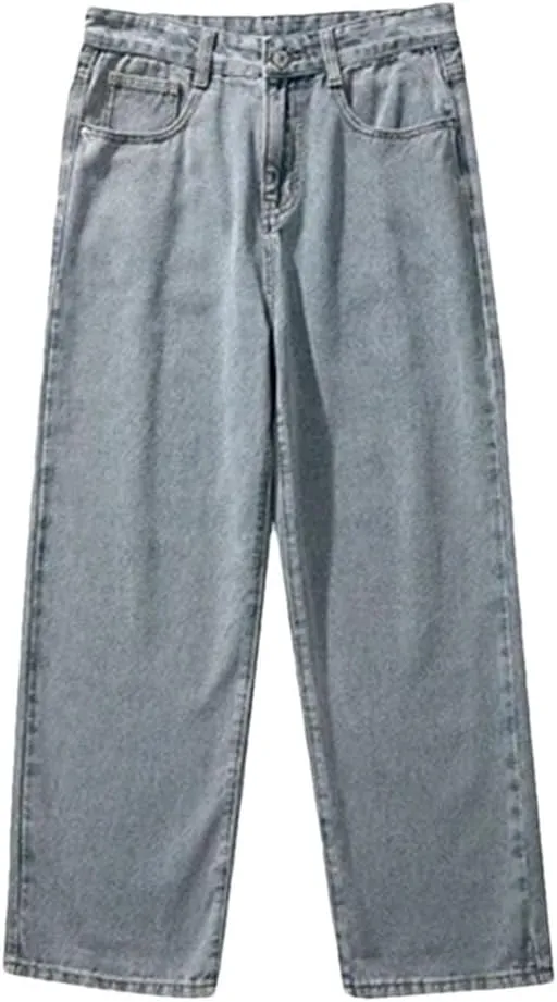 Men's Baggy Wide-Leg Jeans Classic All-Match Solid Color Straight-Leg Denim with Pockets