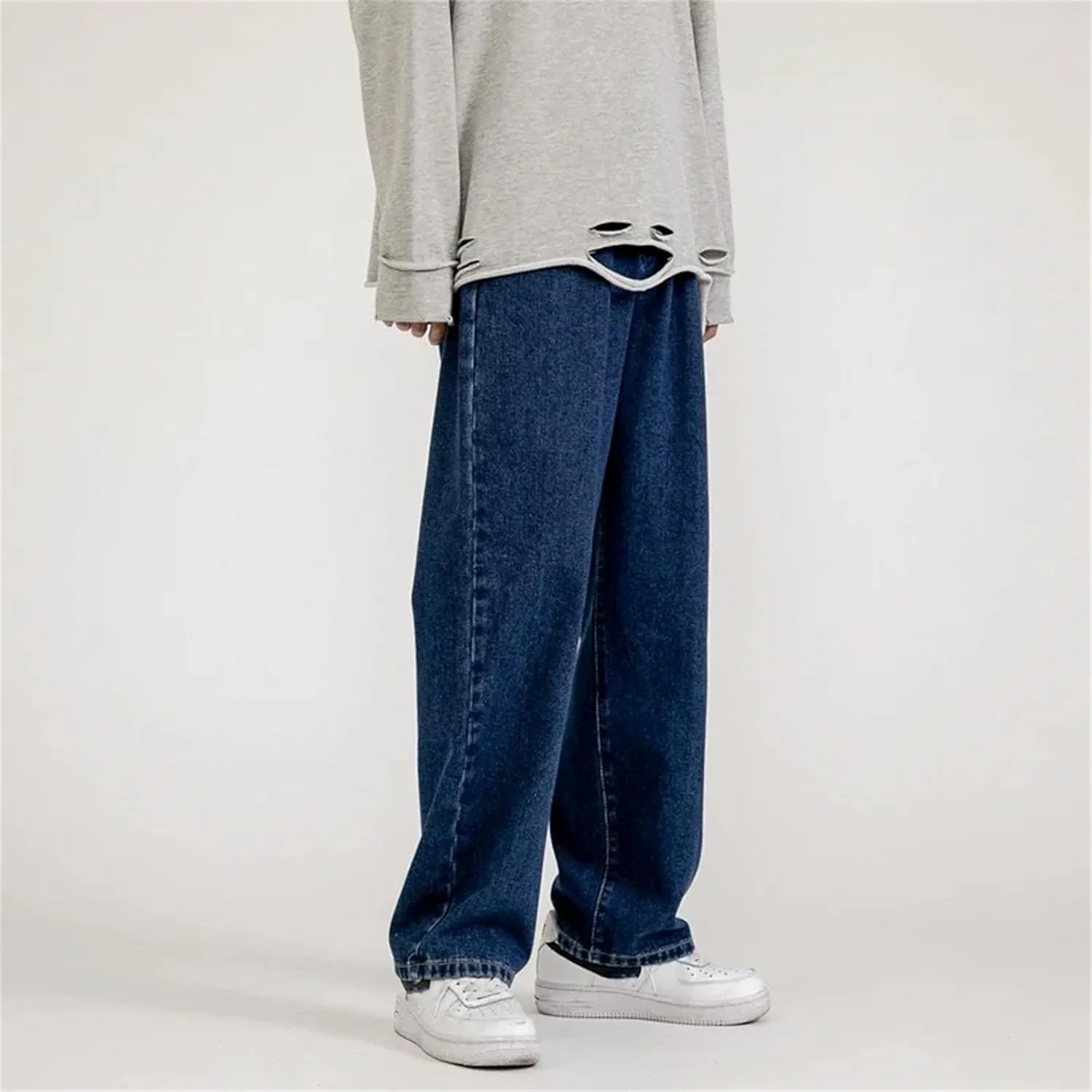 Men's Baggy Wide-Leg Jeans Classic All-Match Solid Color Straight-Leg Denim with Pockets