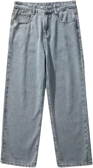 Men's Baggy Wide-Leg Jeans Classic All-Match Solid Color Straight-Leg Denim with Pockets