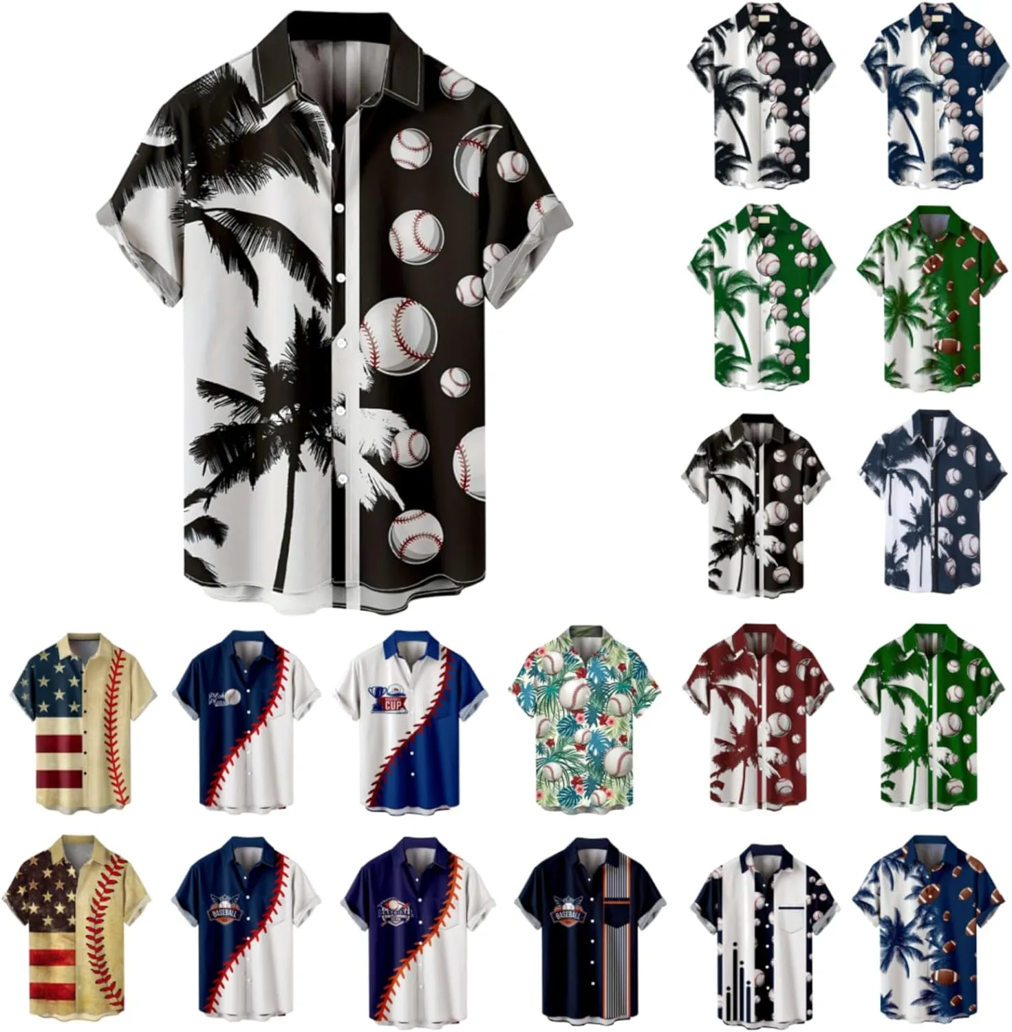 Men's Baseball Hawaiian Shirts Big and Tall Game Day Palm Trees Print Button Up Tshirts Summer Baseball Lover Tees