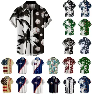 Men's Baseball Hawaiian Shirts Big and Tall Game Day Palm Trees Print Button Up Tshirts Summer Baseball Lover Tees