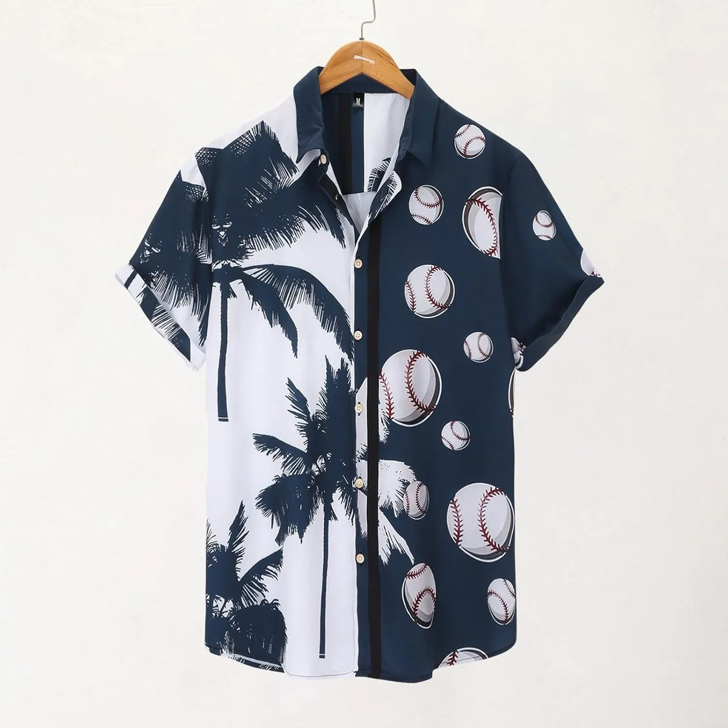 Men's Baseball Hawaiian Shirts Big and Tall Game Day Palm Trees Print Button Up Tshirts Summer Baseball Lover Tees