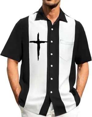 Mens Bowling Shirts Short Sleeve Button Down Color Block Summer Casual T-Shirts Cross Print Vintage Hawaiian Tees
