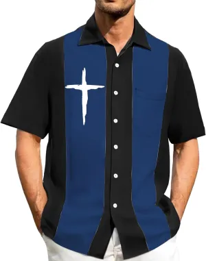 Mens Bowling Shirts Short Sleeve Button Down Color Block Summer Casual T-Shirts Cross Print Vintage Hawaiian Tees