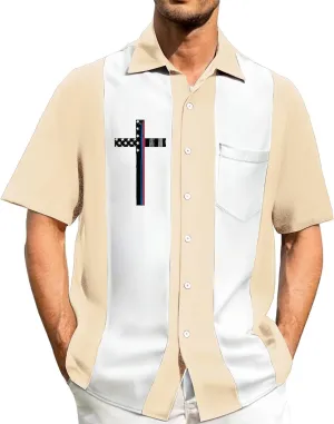 Mens Bowling Shirts Short Sleeve Button Down Color Block Summer Casual T-Shirts Cross Print Vintage Hawaiian Tees