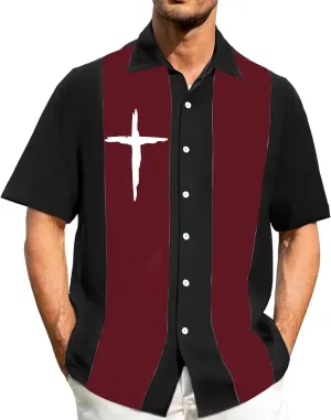 Mens Bowling Shirts Short Sleeve Button Down Color Block Summer Casual T-Shirts Cross Print Vintage Hawaiian Tees