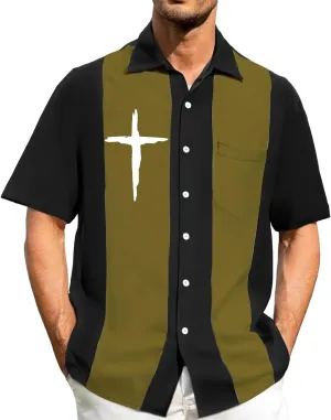 Mens Bowling Shirts Short Sleeve Button Down Color Block Summer Casual T-Shirts Cross Print Vintage Hawaiian Tees