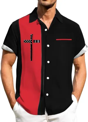 Mens Bowling Shirts Short Sleeve Button Down Color Block Summer Casual T-Shirts Cross Print Vintage Hawaiian Tees