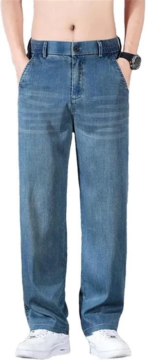 Men's Business Classic Straight Denim Trousers Stretch Comfortable Loose Jean with Pockets