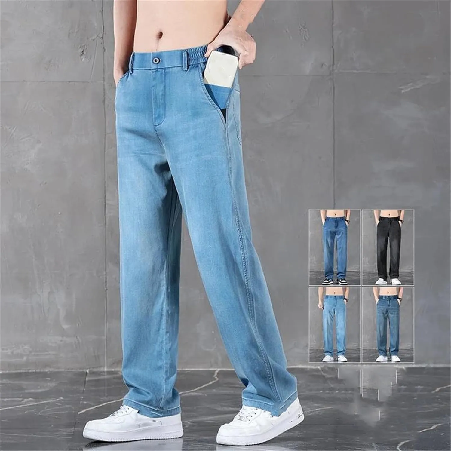 Men's Business Classic Straight Denim Trousers Stretch Comfortable Loose Jean with Pockets