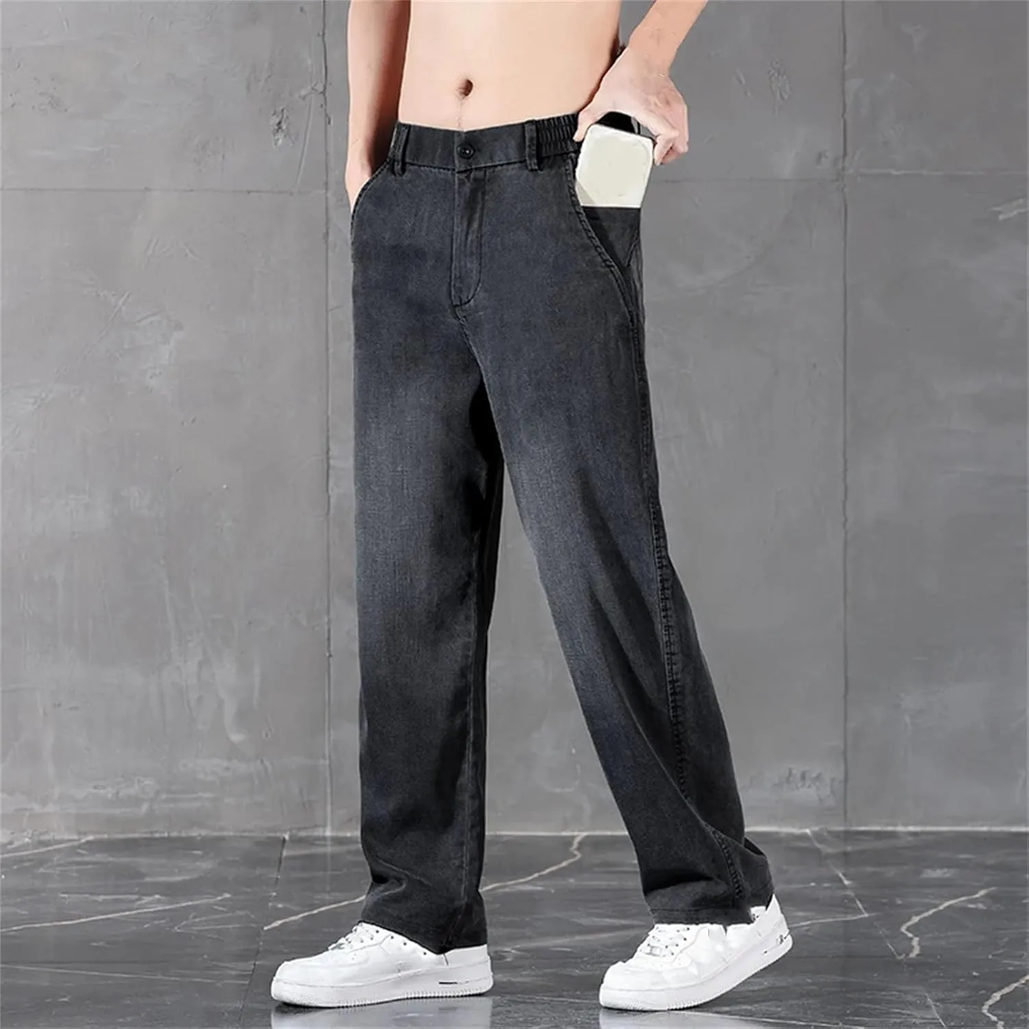 Men's Business Classic Straight Denim Trousers Stretch Comfortable Loose Jean with Pockets
