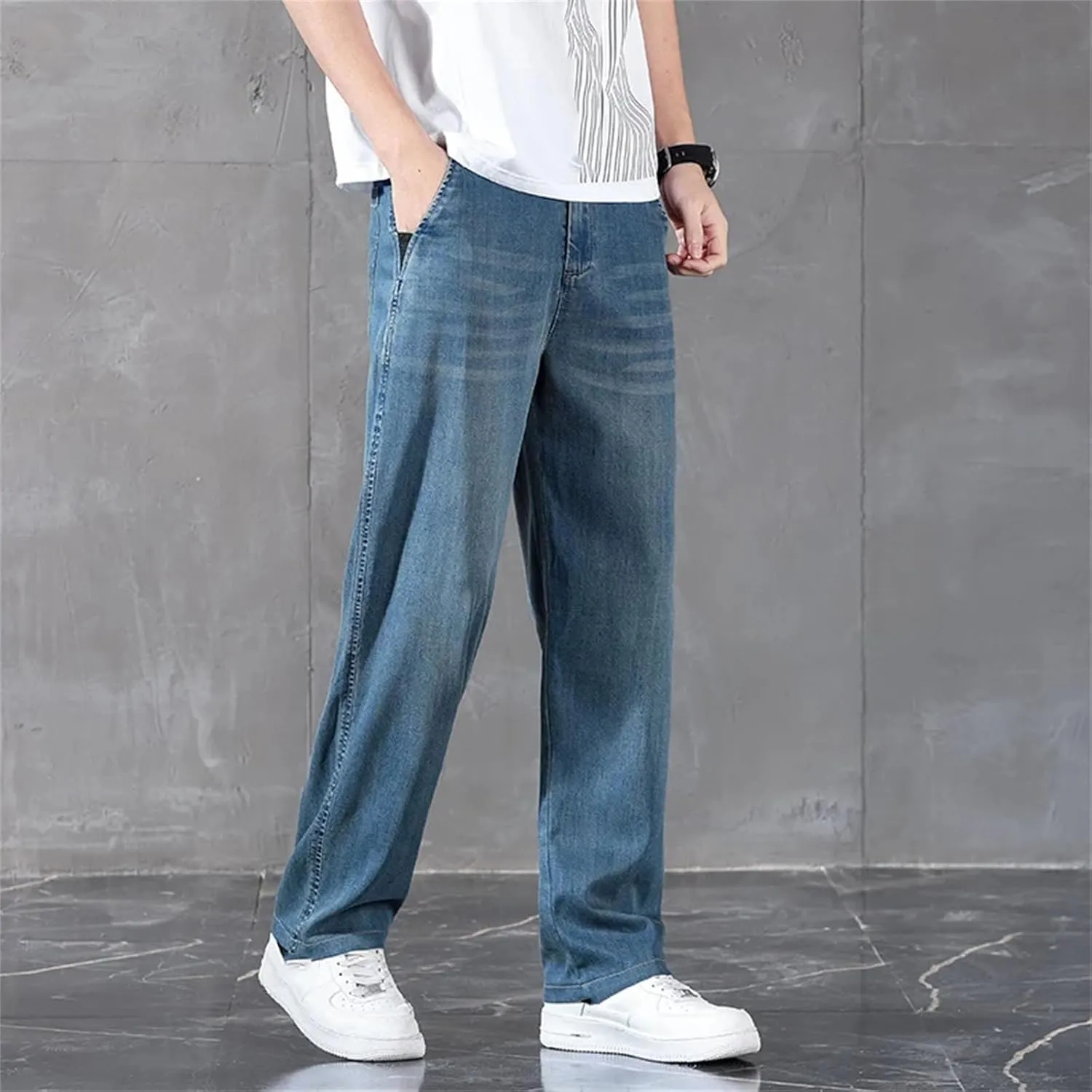 Men's Business Classic Straight Denim Trousers Stretch Comfortable Loose Jean with Pockets