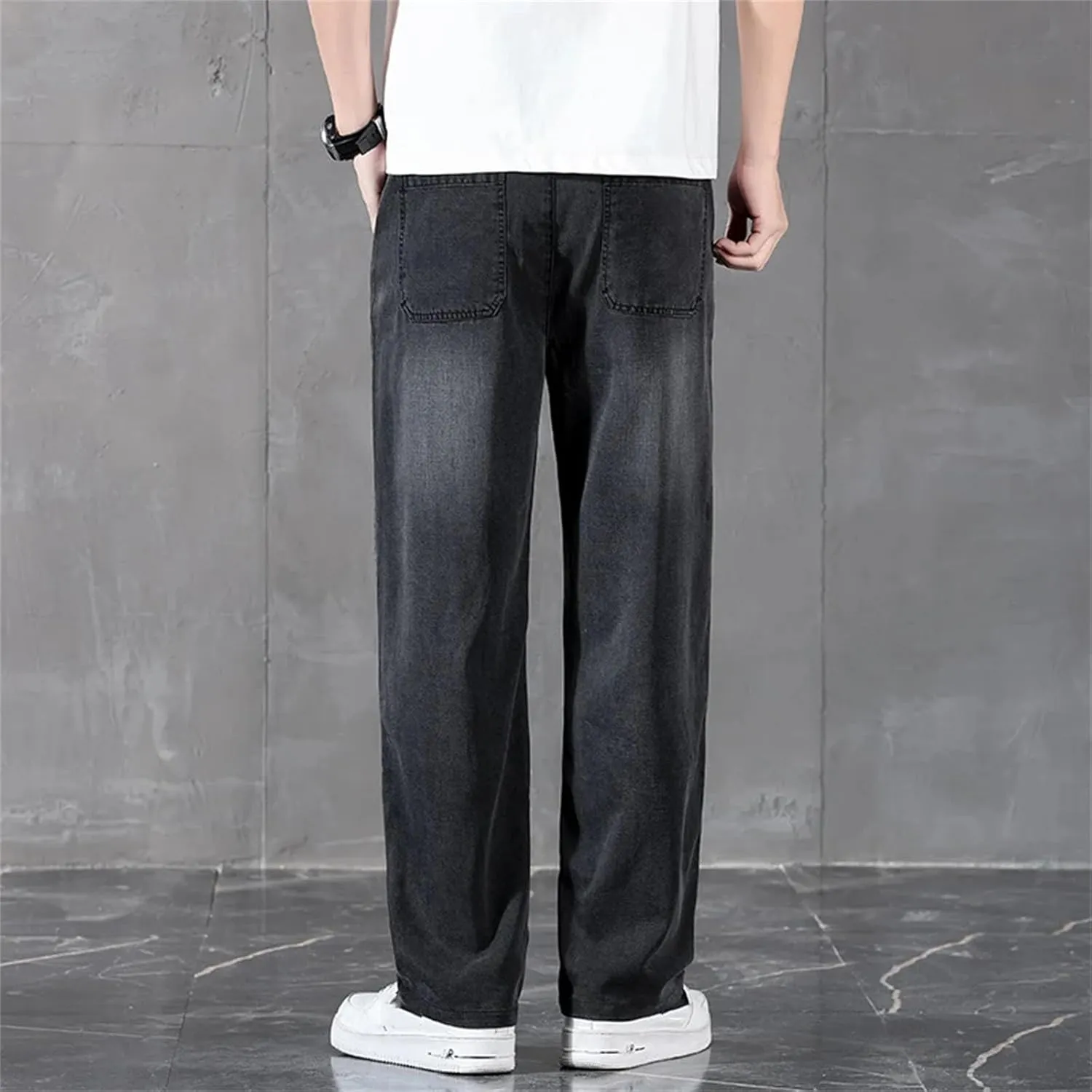 Men's Business Classic Straight Denim Trousers Stretch Comfortable Loose Jean with Pockets