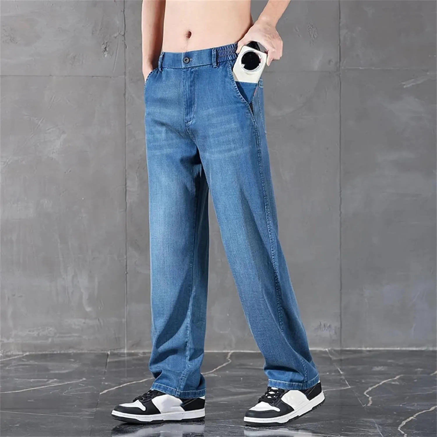 Men's Business Classic Straight Denim Trousers Stretch Comfortable Loose Jean with Pockets