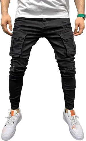 Mens Cargo Multi Pocket Denim Pants Slim Fit Casual Workout Jeans Biker Moto Washed Straight Jean