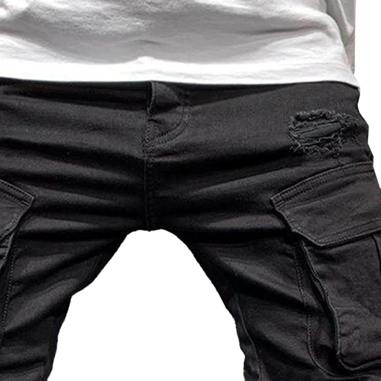 Mens Cargo Multi Pocket Denim Pants Slim Fit Casual Workout Jeans Biker Moto Washed Straight Jean