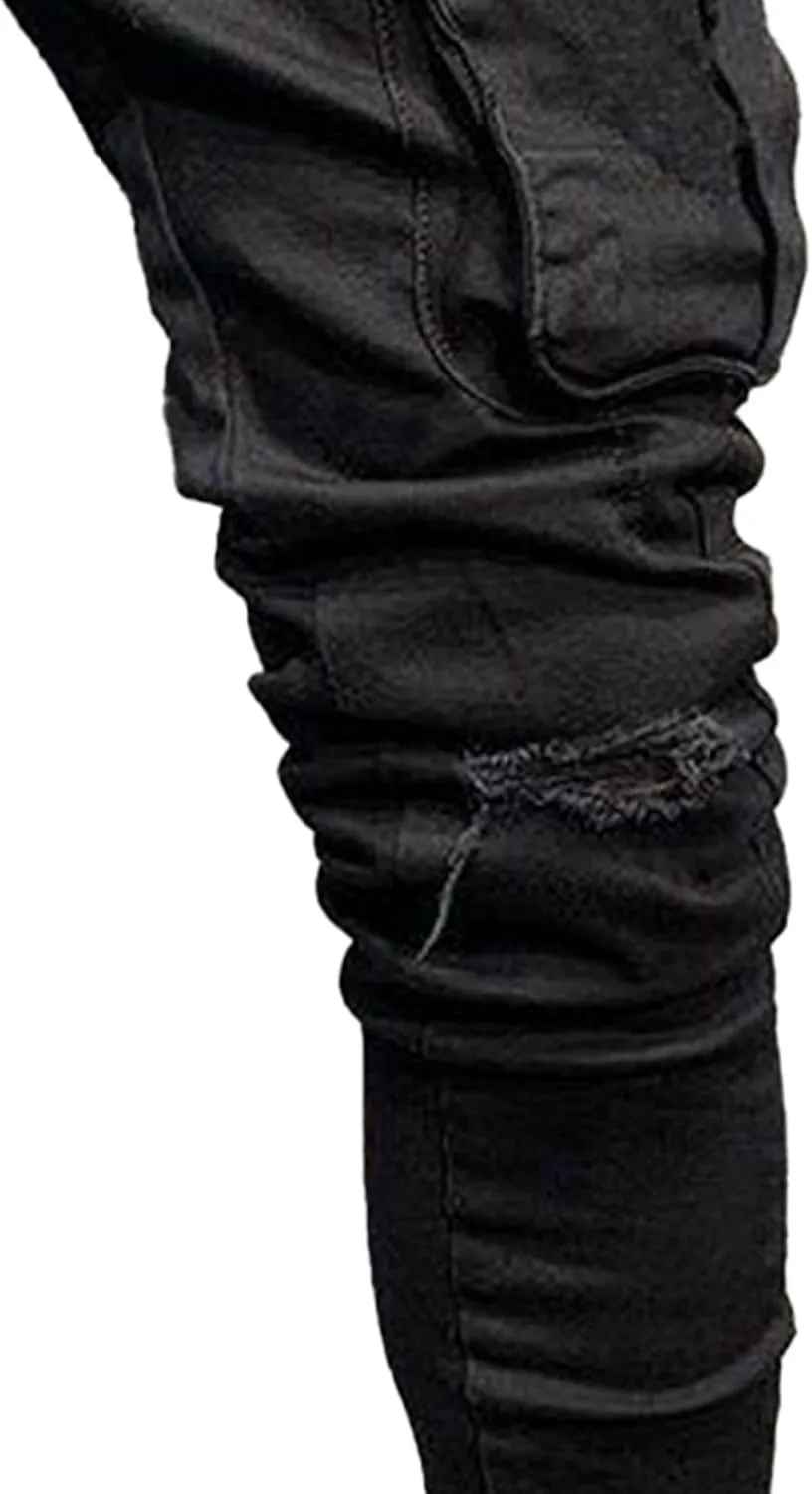 Mens Cargo Multi Pocket Denim Pants Slim Fit Casual Workout Jeans Biker Moto Washed Straight Jean