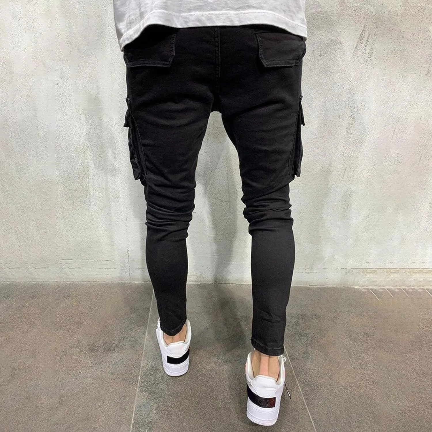 Mens Cargo Multi Pocket Denim Pants Slim Fit Casual Workout Jeans Biker Moto Washed Straight Jean