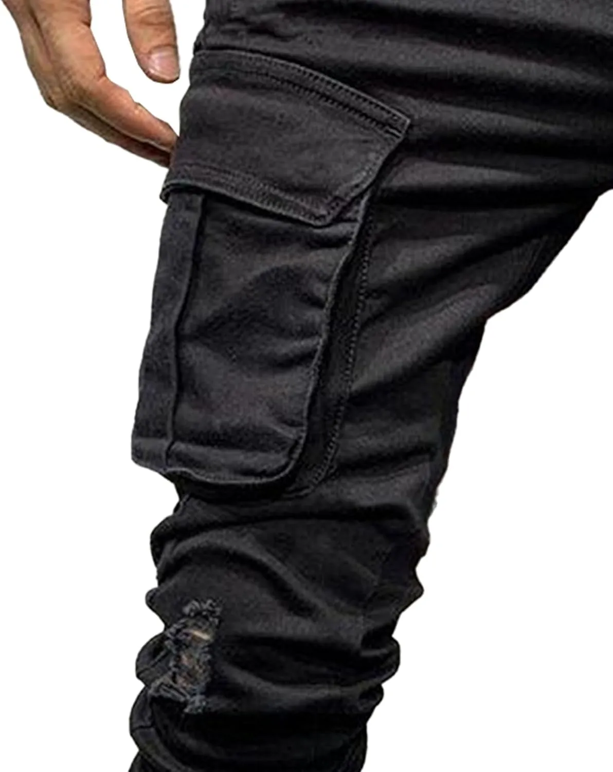 Mens Cargo Multi Pocket Denim Pants Slim Fit Casual Workout Jeans Biker Moto Washed Straight Jean