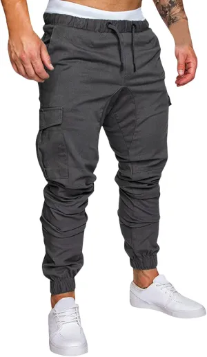 Men's Cargo Pants Trousers Solid Color Jogger Pants Casual Drawstring Multi-Pocket Men's Sports Stretch Jogger Pants