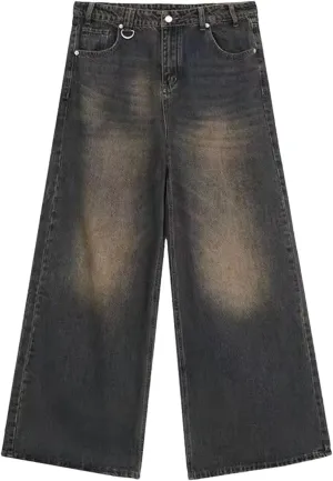 Mens Casual Baggy High Waist Jeans Vintage Style Straight Wide Leg Jeans with Pockets