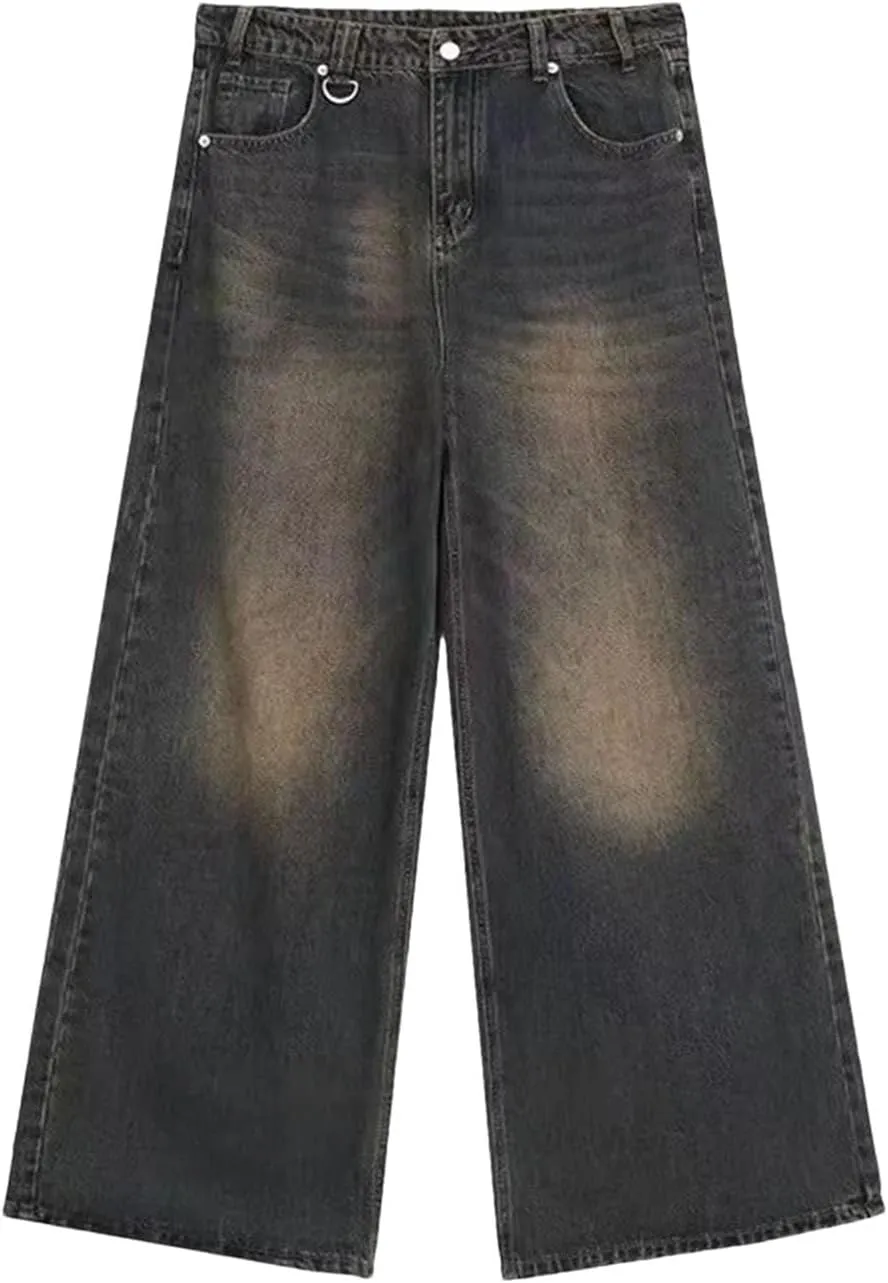 Mens Casual Baggy High Waist Jeans Vintage Style Straight Wide Leg Jeans with Pockets