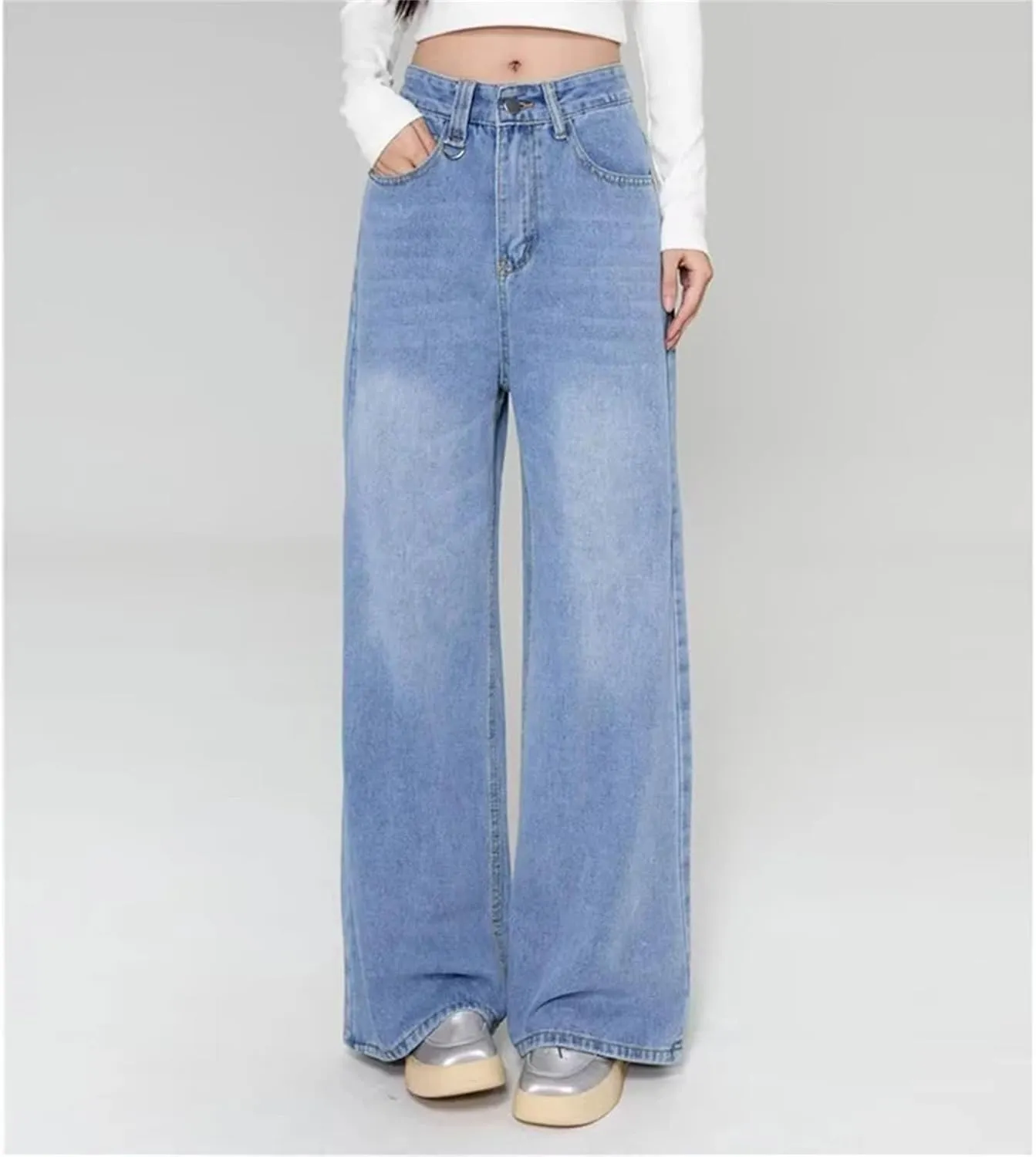 Mens Casual Baggy High Waist Jeans Vintage Style Straight Wide Leg Jeans with Pockets